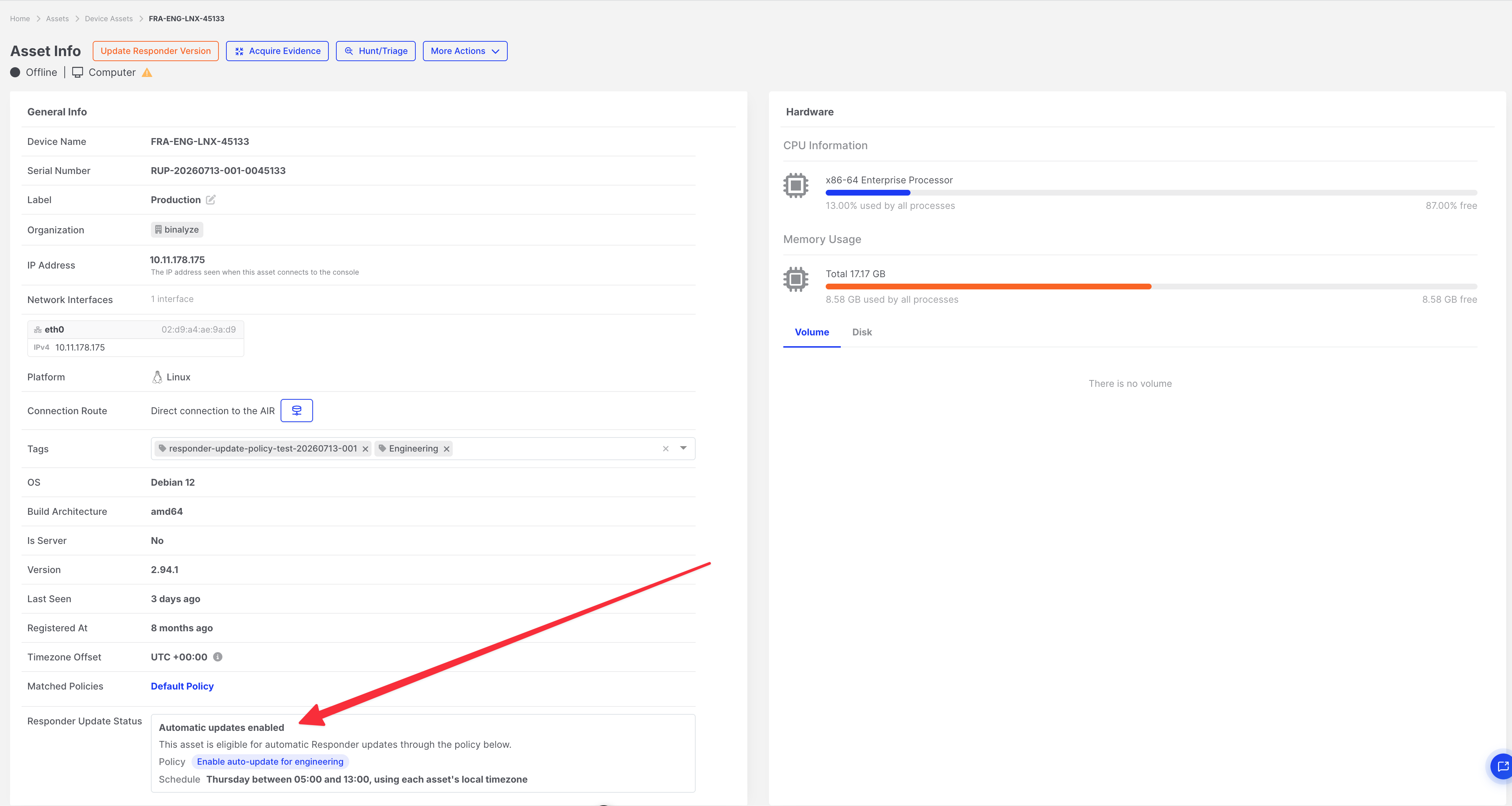 Responder Updates: Asset with automatic updates enabled